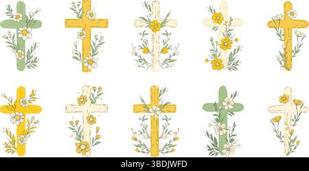 Ostern Kreuz Sketch Set Rustikale Sammlung Jesus Christus Kreuze Religion Vektor Katholische Blumen Vintage Pastel Blühende Blumen Stock Vektor