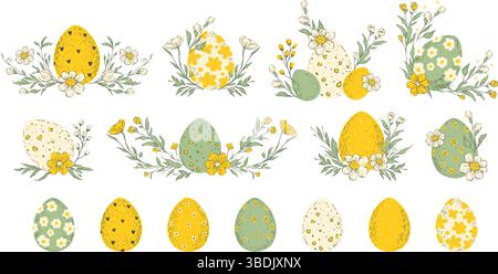 Ostereier Jagd Sketch Set Isoliert Pastelleier Frühlingsblume Urlaub Rustikale Volkskunst Vektor-Sammlung Stock Vektor