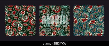 Paisley Vintage Muster Set Batik Koi Fisch Motiv Blumenwirbel und Ornament Details in Einem dekorativen indischen Vektor Boho Stil Stock Vektor