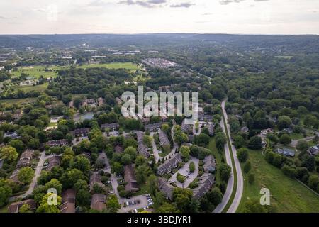 Blick auf ein Wohngebiet mit Häusern und Bäumen. Die Häuser sind meist klein und es stehen viele Autos auf den Straßen. Der Himmel ist bewölkt und t Stockfoto
