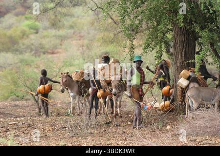 Toposa Menschen ziehen mit Eseln, Toposas ziehen mit ihren Eseln, Hausesel, Esel, Nyanyagachor, Sudan, Afrika Stockfoto