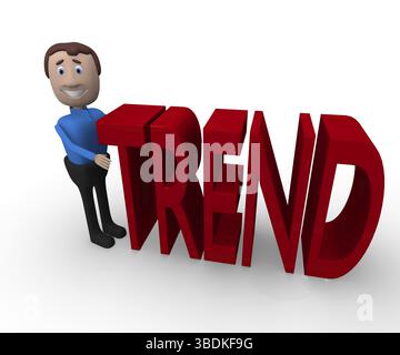 Fröhlichen Cartoon Geschäftsmann mit dem Wort Trend auf weißem Hintergrund, 3D-Rendering Stockfoto