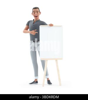 3D-Charaktermann, der auf hölzerne Staffelei mit leerer Leinwand zeigt, Illustration isoliert auf weißem Hintergrund Stockfoto