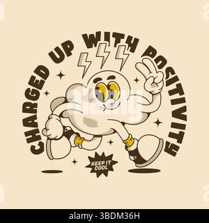 Energiegeladene Wolken-Cartoon-Spaziergänge mit Ruhe und Selbstvertrauen im Retro-Stil Stock Vektor