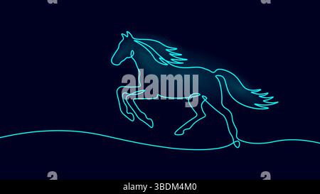 Das schwarze Pferd springt anmutig. Mähne Schwanz und Beine mit glatter, durchgehender Linie. Einfacher Linienart-Stil mit blauem Hintergrundvektor Stock Vektor