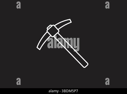 Minimalistischer weißer Umriss einer Pickaxt auf schwarzem Hintergrund Stock Vektor