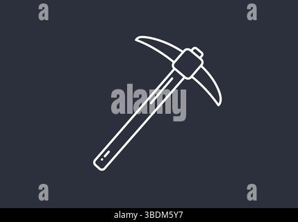 Minimalistischer weißer Umriss einer Pickaxt auf schwarzem Hintergrund Stock Vektor