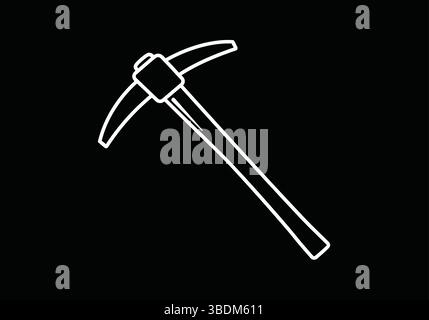 Minimalistischer weißer Umriss einer Pickaxt auf schwarzem Hintergrund Stock Vektor