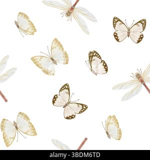 Nahtloses Muster mit Schmetterlingen und Libellen in Pastellbeigen. Aquarell Hand gezeichnet wiederholen Hintergrund auf weiß mit niedlichen Insekten für Stockfoto