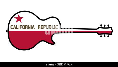 Traditionelle Silhouetten in Gitarrenform auf weißem Hintergrund mit den Ikonen der kalifornischen Staatsflagge Stockfoto