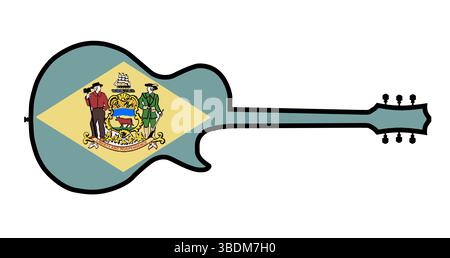 Traditionelle Silhouetten in Gitarrenform isoliert auf weißem Hintergrund mit der Delaware-Staatsflagge Stockfoto