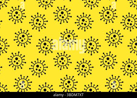 Leuchtendes nahtloses Virusmuster in Schwarz und Gelb. Pandemische Gesundheitsgefährdung Hintergrund mit abstrakten medizinischen Bakteriensymbolen. Vektorabbildung für Stock Vektor