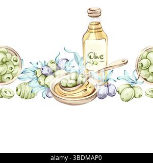 Oliven und Olivenöl in einem nahtlosen Muster, das italienische Küche und Schönheit der Natur präsentiert Stock Vektor