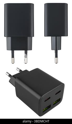 Rechteckiger Ladeblock, Nahaufnahme von der Seite. Sie können die Kontakte und die Oberflächenstruktur des Gehäuses deutlich erkennen. Stockfoto