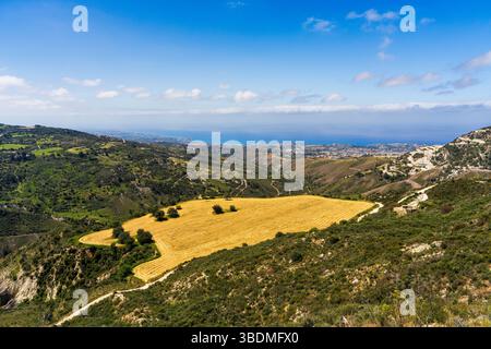 Panoramablick auf die malerische Landschaft Zyperns aus der Vogelperspektive. Goldenes Feld. Hügel, Berge mit Grün, leuchtende Linie des Mittelmeers Stockfoto