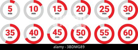 Kreisförmige rote und graue Timer-Symbole, die 5 bis 60 Minuten in Schritten anzeigen, die für Countdown oder Tracking verwendet werden Stock Vektor