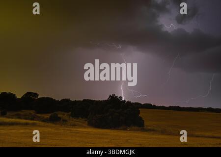 Dunkle Wolken sammeln sich als Blitze und erzeugen eine dramatische Darstellung am Nachthimmel über einer ländlichen Landschaft. Stockfoto
