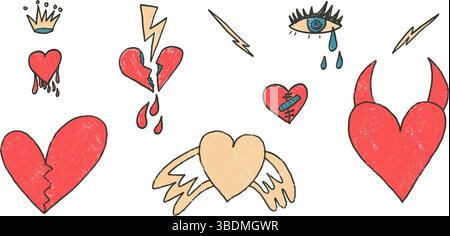 Gebrochene Herzen, Krähe, Teufelshörner Buntstift gezeichnet Set. Trennmarkierungskritzeleien isoliert auf weißem Hintergrund. Liebe naive handgezeichnete Malelemente. Vecto Stock Vektor