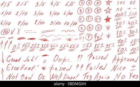 Prüfungsergebnisse Kritzelstil-Set. Schultestergebnisse verschiedene handgezeichnete Sänge. Lehrer-Scores von Schüleraufgaben. Vektor-handgeschriebenes Scribble aca Stock Vektor