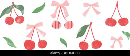 Kirschkokette Buntstift gezeichnet Set. Rote, rosafarbene und grüne Beeren mit Band und Blättern kritzeln isoliert auf weißem Hintergrund. Früchte mit Grunge-Struktur Stock Vektor