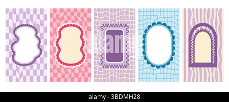 Funky-Retro-Bogen und geometrische Rahmen mit groovigem Schachbretthintergrund. Set aus lustigen Vintage-Farben mit Muschelrand. Textfelder oval, rechtwinklig Stock Vektor
