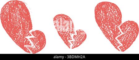 Broken Hearts Red Buntstift gezeichnet Set. Trennmarkierungskritzeleien isoliert auf weißem Hintergrund. Liebe naive handgezeichnete Malelemente. Vektor-Heartbreak nach Stock Vektor