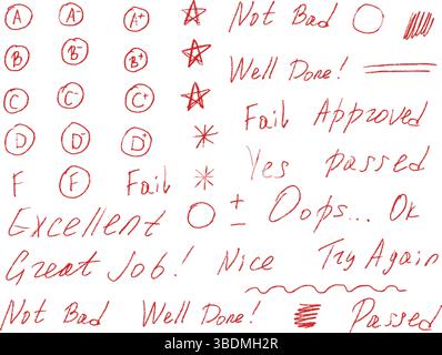 Prüfungsbuchstaben Gradmarkierungen Buntstift-Kritzelstil-Set. Schultest Ergebnisse handgezeichnete Singen. Lehrerbewertungen für Hausaufgaben. Handschriftliche Vektorqualifikation Stock Vektor