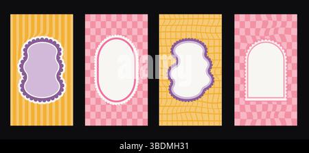 Social-Media-Post mit funky Frames mit groovigem Schachbretthintergrund. Set lustige Kinderränder mit Wellenkanten in Muschelmuscheln. Textfeldvorlagen für Invi Stock Vektor