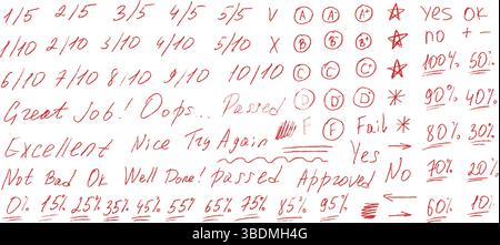Prüfungsnoten Buntstift-Doodle-Set. Schultestergebnisse verschiedene handgezeichnete Sänge. Lehrer-Scores von Schüleraufgaben. Vektor handgeschriebenes Scribble mA Stock Vektor