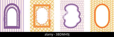 Funky Retro-Rahmen mit groovigem Schachbretthintergrund. Set lustige Kinderränder mit Wellenkanten in Muschelmuscheln. Textfelder und Callout-Vorlagen für Einladungen Stock Vektor