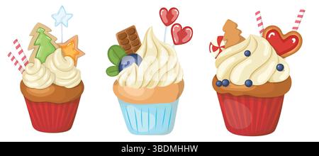 Set Weihnachts-Cupcakes mit Schlagsahne und Keksen. Portionsgröße, wunderschön serviertes Dessert. Muffin mit Creme. Stock Vektor