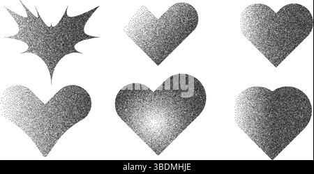 Herzfiguren mit Gradientenstruktur des Kornrausches. Y2K Retro-Stempelformulare Set. Verschiedene Herzsymbole auf weißem Hintergrund. Vektor gritty monochrom gr Stock Vektor