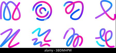 Farbenfrohe, skurrile Formen mit Farbverlauf. Kollektion der abstrakten Formen mit wellenförmigen Squiggles. Dekorative Kritzeleien. Irisierend gekrümmte Figuren. Vektorabstufungen ir Stock Vektor