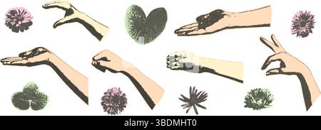 Fotokopiereffekt weibliche Hände halten Chrysanthemen Blumen Collage Set. Ausschnitt offene Arme Palme mit Pflanzen. Retro-Zeitungselemente. Vec Stock Vektor