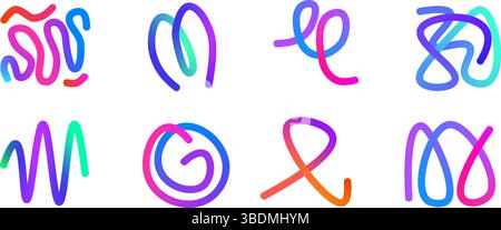 Farbenfrohe Verlaufsformen. Kollektion der abstrakten Formen mit wellenförmigen Squiggles. Dekorative Schlaufenkritzeleien. Irisierende, gekrümmte Spiralfiguren. Vektorabstufungen Stock Vektor