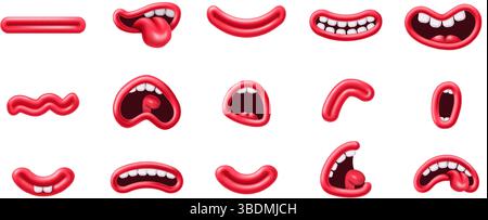 Cartoon-Mundausdrücke. 3D-Figuren, lustige Lippen und ein Lächeln aus Plastilin. Reden, schreien und lachen Mundformen mit Zähnen und Stock Vektor
