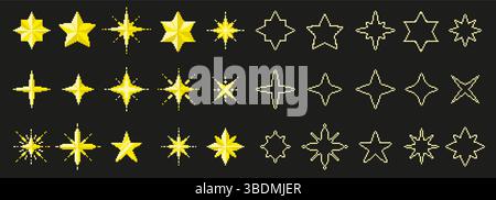 Pixel Art Stars. 8-Bit-Glitzer, gelb-goldener Stern, Space Glitzer Pixel Game magische Elemente. Symbole für Bewertung, Rangfolge und Stufe. Funkeneffekt Stock Vektor
