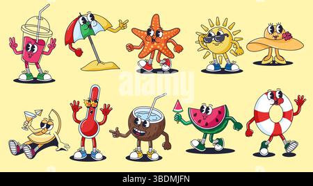 Retro-Zeichentrickfiguren im Sommer. Groovige Strandmaskottchen, lustige Sonne, Cocktail, Sonnenschirm, Seesterne, Hut, Thermometer, Kokos, Wassermelone, Rettungsring Stock Vektor