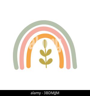 Niedliche Regenbogenabbildung in sanften Pastellfarben mit botanischem Element. Ideal für umweltfreundliche Kinderdesigns und Boho Kinderzimmer Wandkunst. Stock Vektor