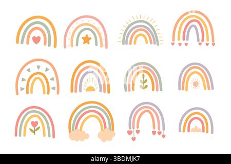 Sammlung von 12 handgezeichneten Boho-Regenbogen-Illustrationen in sanften Tönen, mit Herzen, Sternen, Pflanzen, Sonne und Wolken. Perfekt für Kinderzimmer Kunst. Stock Vektor