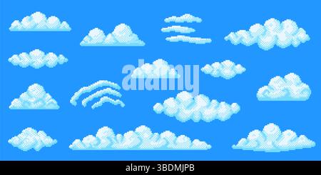Pixel Art Clouds. 8 Bit weiße Wolke oder Rauch am blauen Himmel. Retro-Spiellandschaft der 80er Jahre und wettergepixelte Elemente. 16-Bit-Retro-Szene mit Wolken. Vektor Stock Vektor