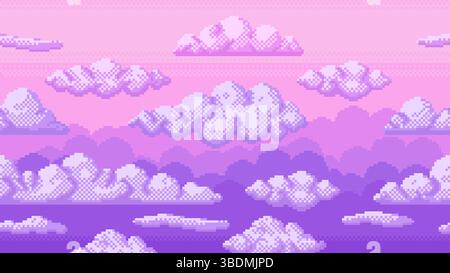 Pixelrosa Himmel. Nahtloser 8-Bit-traumhafter violetter Himmel mit Wolken und violettem Sonnenuntergangsverlauf. Friedliche traumhafte Landschaft Vektor-Spiel Hintergrund in den 80er Jahren Stock Vektor