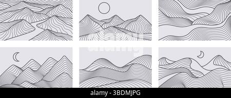 Gebirgslandschaft. Lineare Berggipfel und Hügel, umrandet Wellenmuster und Fluss, Sonne und Mond. Abstrakte japanische Tapetenkunst. Kontur Stock Vektor