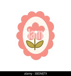 Niedliche handgezeichnete Blume mit rosa Muschelabzeichen. Vintage-Vibe, perfekt für Etiketten, Kinderzimmer-Prints und Aufkleber. Stock Vektor