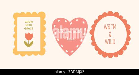 Set aus drei handgezeichneten Boho-Ikonen mit motivierenden Zitaten mit Blumen, Herzen und Rahmen in sanften Pastellfarben. Stock Vektor