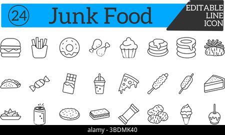 Fastfood and Snack Line Icons Pack – Vektorillustrationen von beliebten Fast Food-Artikeln und -Leckereien in einem klaren Umriss. Stock Vektor