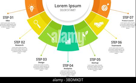 Halbkreisförmiges Kreisdiagramm. Runden Sie das Geschäftsdiagramm mit Prozessoptionen in 7 Schritten und Start-Workflow ab. Kreisförmiges Diagramm mit Farbsegmenten Vektor-Roadmap Stock Vektor