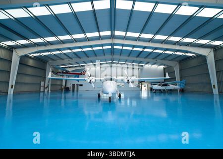 Zweimotorige Flugzeuge, die im Hangar mit Trainingsflugzeugen geparkt sind Stockfoto