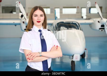 Selbstbewusste Pilotin posiert mit gekreuzten Armen im Flugzeughangar Stockfoto