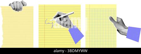 Gelbes, gerissenes Notizbuchpapier mit Händen und Stift. Modernes Schul- und Bürobedarfskonzept für Design, Banner oder digitale Projekte Stock Vektor
